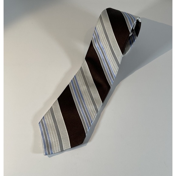 Ike Behar New York Mens Striped Necktie, Brown Blue Silver Diagonal Stripe Tie - Picture 4 of 5